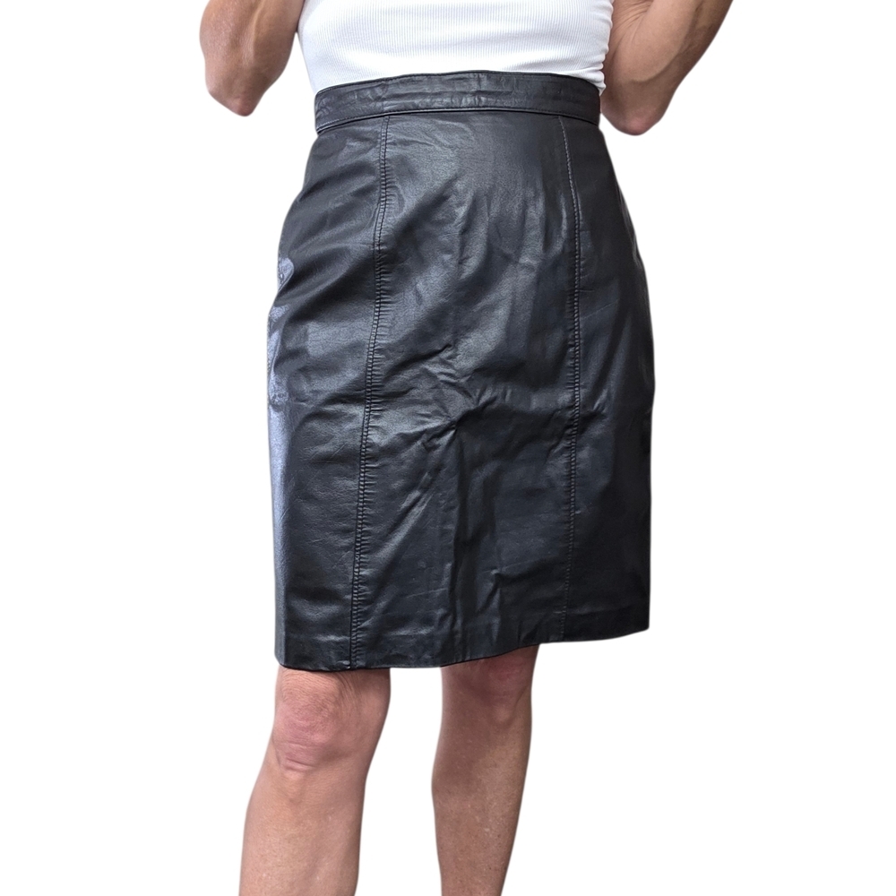 Vintage 90s Black Leather Skirt 5/6 High Waisted Mini Genuine Leather - Picture 2 of 11